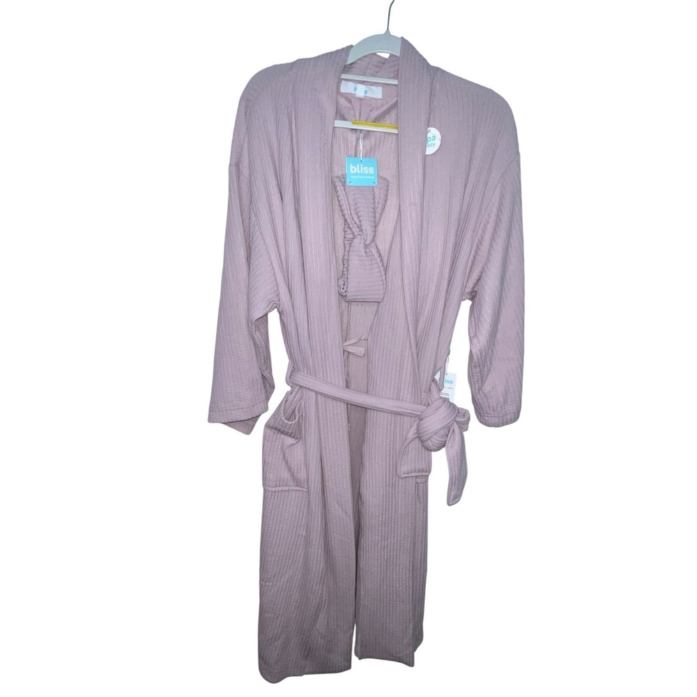 BLISS Spa Robe And Bonus Free Headband Mauve Moon Pink Women L/XL Ribbed New